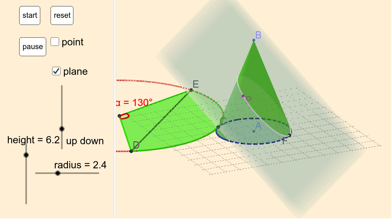 円錐にかけた ひも の最短の長さ Geogebra