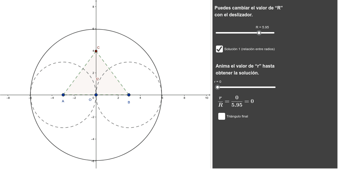 Sean las semicircunferencias de radio R, centrada en O y las dos semicircunferencias de radio R/2 centradas en (R,0) y en (-R,0). Halla el radio de la circunferencia tangente a las 3. Halla los lados del triángulo obtenido con los puntos de tangencia.