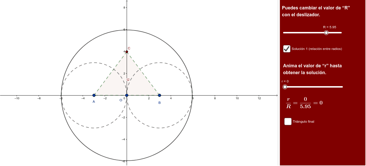 Sean las semicircunferencias de radio R, centrada en O y las dos semicircunferencias de radio R/2 centradas en (R,0) y en (-R,0). Halla el radio de la circunferencia tangente a las 3. Halla los lados del triángulo obtenido con los puntos de tangencia.