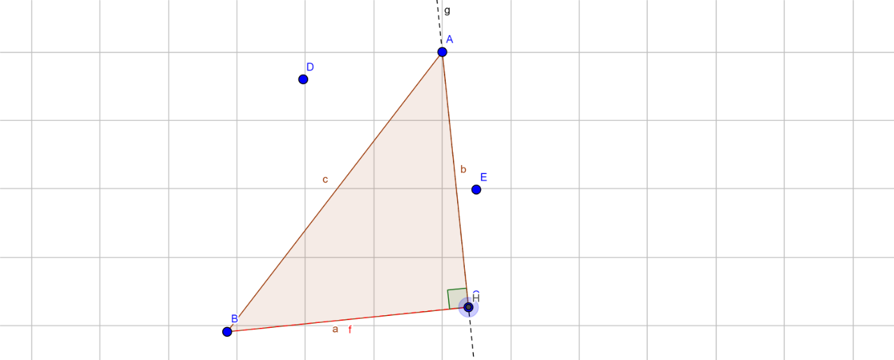 Les points C et H sont confondus et l'angle de sommet C est droit. Le triangle ABC est donc un triangle rectangle en en C. 
On observe que la hauteur (f) issue de B est confondue avec le côté BC.
Propriété: Dans un triangle rectangle, deux des hauteurs sont confondues avec les côtés du triangle formant l'angle droit.