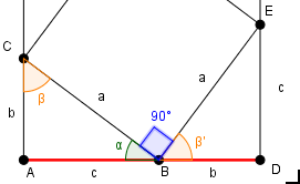 [math]\large{\textcolor{#007700}{\alpha}+\textcolor{blue}{E\hat{B}C}+\textcolor{#ff7f00}{\beta'} = 180°}[/math].

Dato che [math]\large{\textcolor{#007700}{\alpha}+\textcolor{#ff7f00}{\beta} = 90°}[/math] perché insieme all'angolo retto in [math]\large{A}[/math] devono fare [math]\large{180°}[/math], ne possiamo dedurre che [math]\large{\textcolor{blue}{E\hat{B}C}= 90°}[/math]