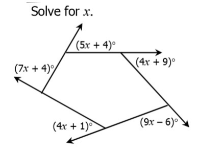 2) To find x, write the equation setting up the 5 exterior angles to add up to 360 degrees. Answer below.