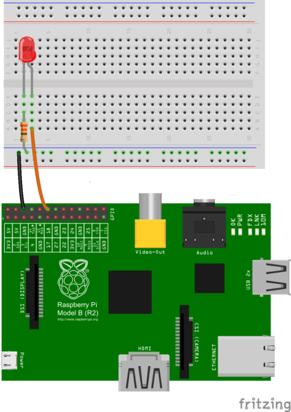 A breadboard is used to connect an Led with GPIO Pins of mini Computer ( Raspberry pi)