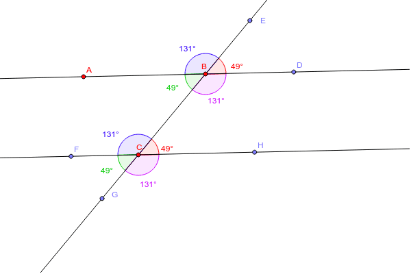 Ъгли получени при пресичането на две УСПОРЕДНИ прави с трета – GeoGebra