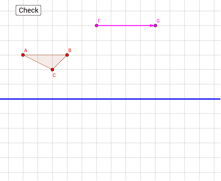 Drag the points from triangle ABC to graph it's image after a translation by vector FG and a reflection over the blue line. Press Enter to start activity