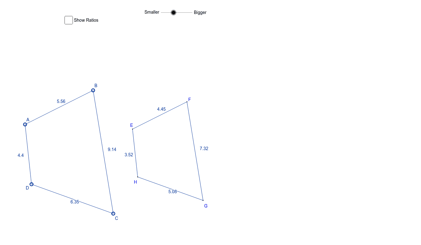 Is there a relationship between the corresponding slide lengths? Check the box that says "Show Ratios" to check your prediction. What do you notice about the ratios between the corresponding slide lengths in the two quadrilaterals?