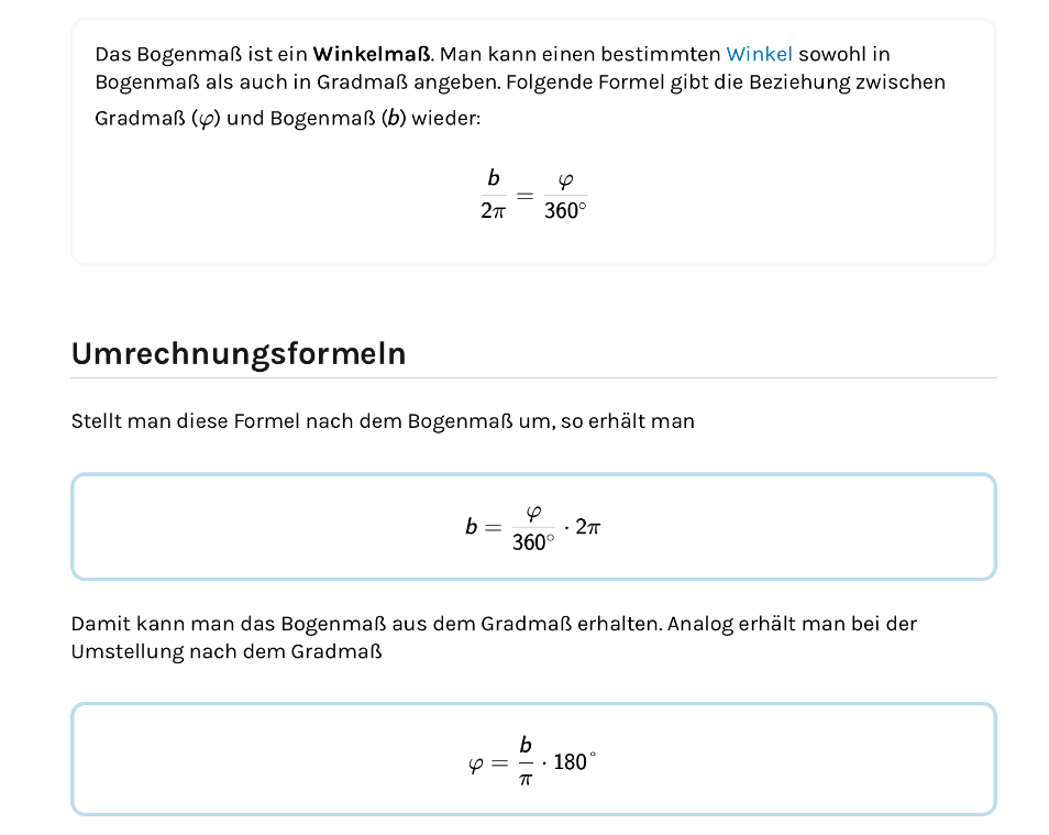 Beziehung zwischen Gradmaß und Bogenmaß eines Winkels