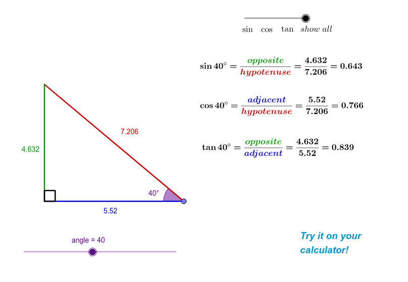 sin, cos and tan in a right angled triangle – GeoGebra