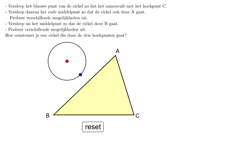 intuïtieve opbouw van de omgeschreven cirkel aan een driehoek.
