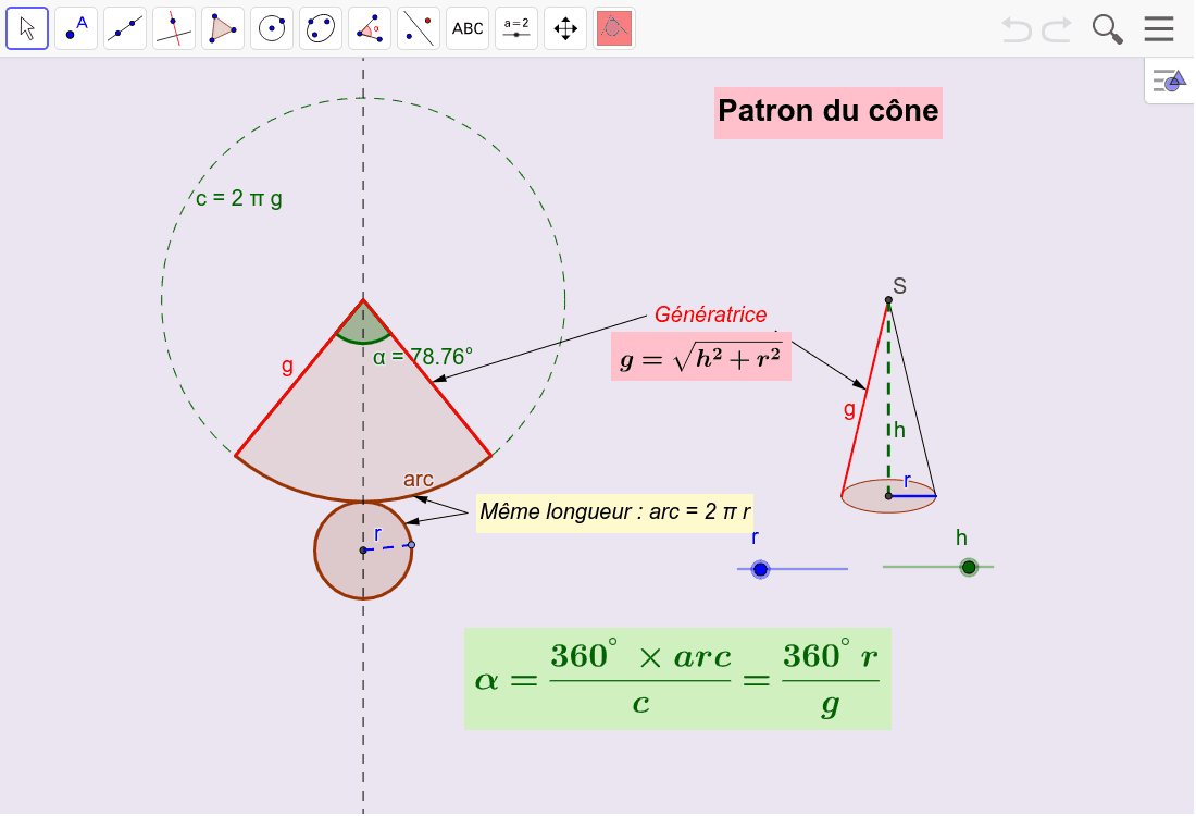 Calculer Le Rayon D Un Cone Patron du cône: calcul de l'angle – GeoGebra