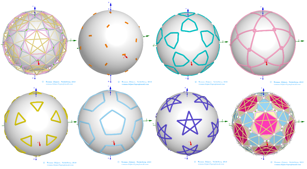  projections of segments of faces of  the Biscribed Pentakis Dodecahedron(5) (n=120) on sphere surface: Segments 1-6