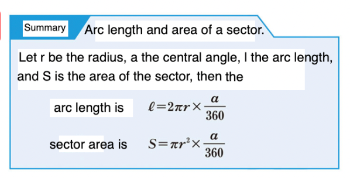 Formula for solving the arc length and area of a sector.