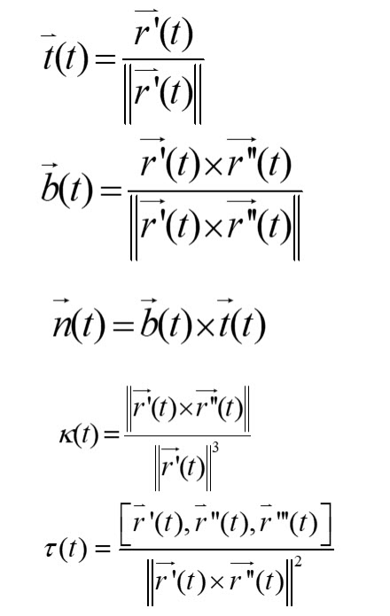 Fórmulas para la obtención de los distintos elementos del Triedro de Frenet