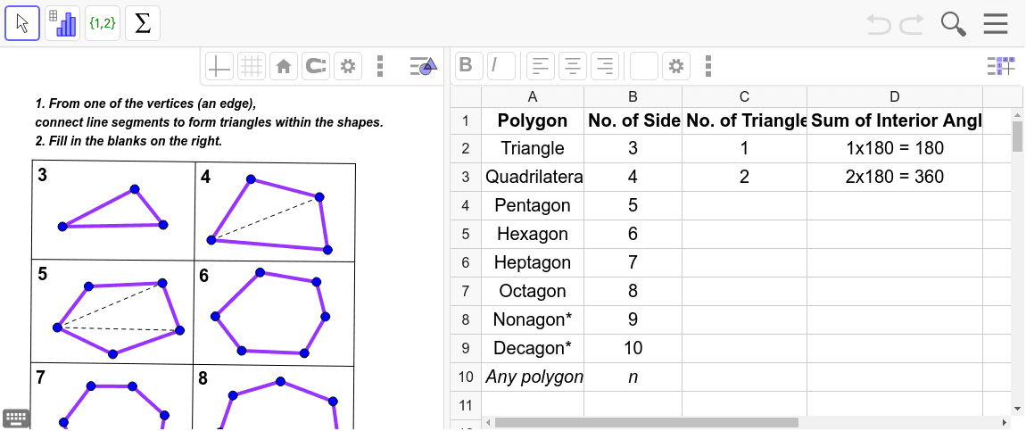 Investigation For Sum Of Interior Angles Of Polygons Geogebra