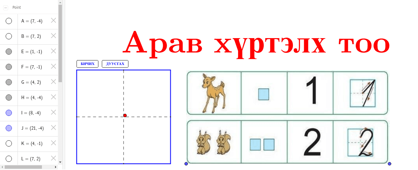 Бага анги, 1-ийн тоо бичих – GeoGebra