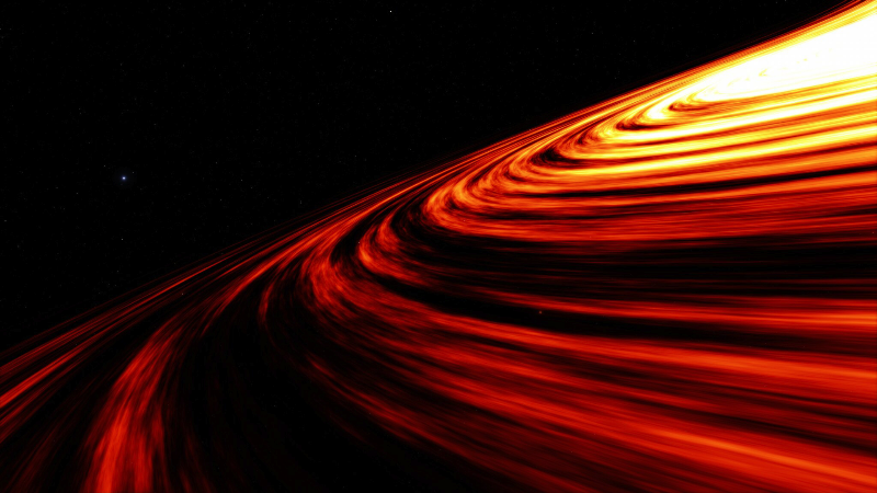 Représentation de la matière et de la lumière en rotation autour d'un trou noir.