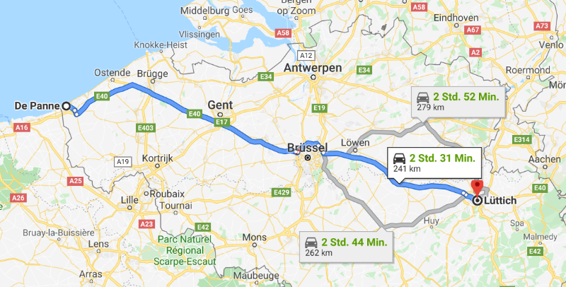 Abb.1 Peters Route von Lüttich nach De Panne (Quelle: maps.google.de)