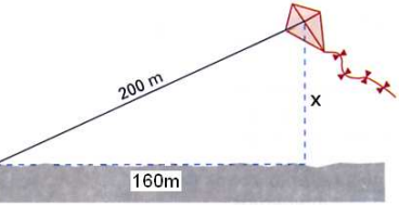 Una cometa está atada al suelo con un cordel de 200 metros de longitud. Cuando la cuerda está totalmente tensa, la horizontal está a 160 metros del punto donde se ató la cometa.