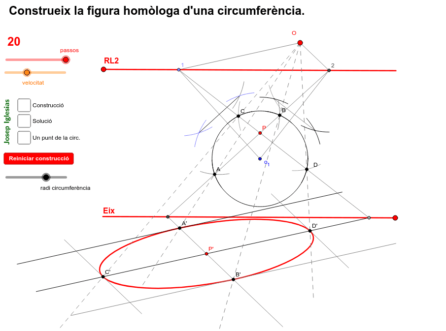 Troba l'el·lipse homòloga de la circumferència, donats l'eix, la recta límit 2 i l'origen d'homologia.