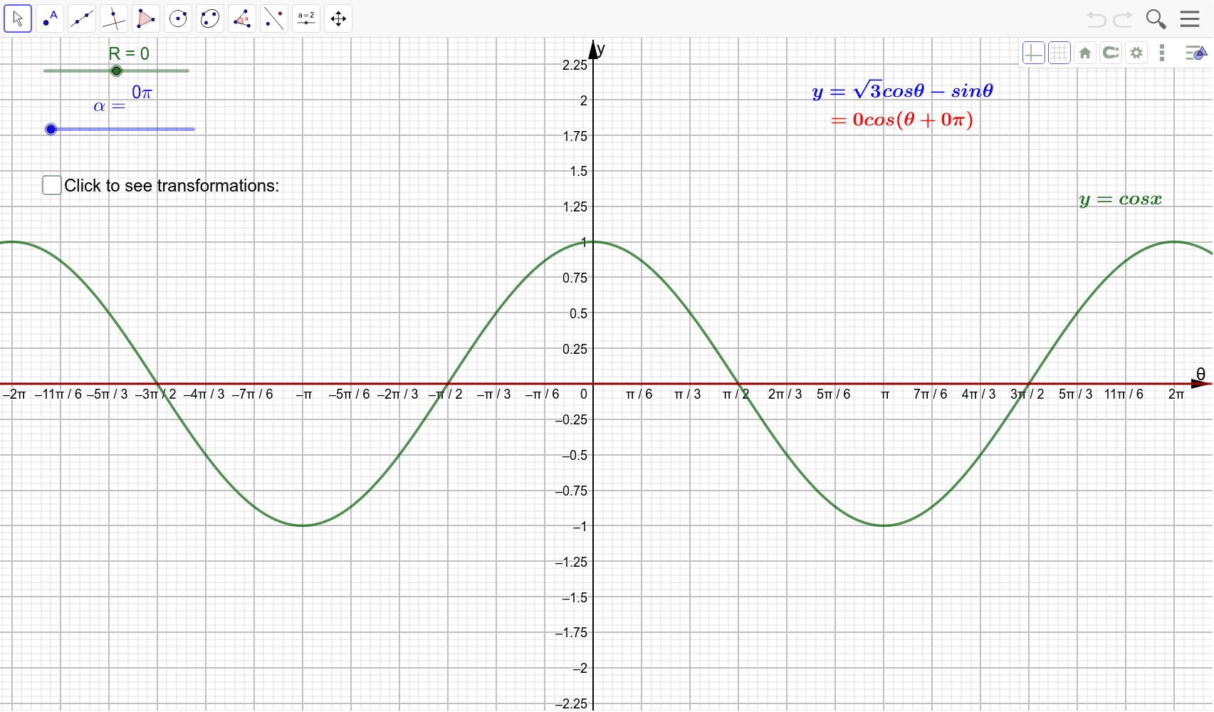 Transformation Of Y Acosx Bsinx To Rcos X Alpha Geogebra