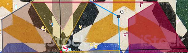 Il quadrilatero bordeaux raffigura un' unità base della piastrella, che può essere traslata nelle piastrelle circostanti.
