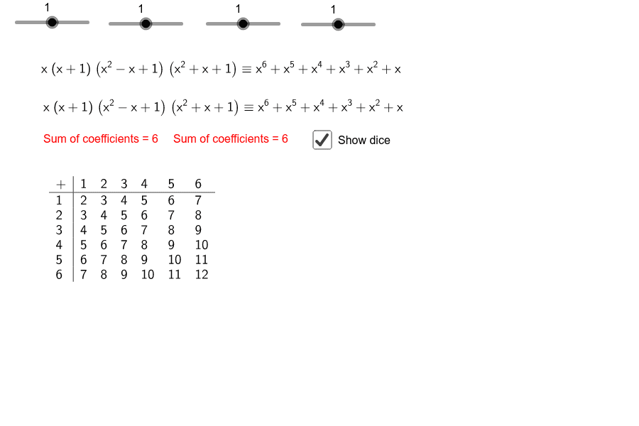 Sicherman Dice (proof using factoring) GeoGebra
