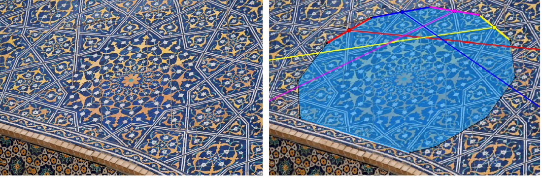 Fig. 2 Tekening op een foto van orientalarchitecture.com.
In de sterfiguur worden de middens van de rode, blauwe, paarse en gele zijden van de twaalfhoek duidelijk niet verbonden met de middens van de vierde zijde maar met een punt, dichter bij het eerste hoekpunt van die zijde.