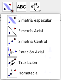 Para las simetrías y transformaciones GeoGebra pone a nuestra disposición un conjunto de herramientas, tanto para la vista 2D como la 3D. Su uso es sencillo y intuitivo como veremos.