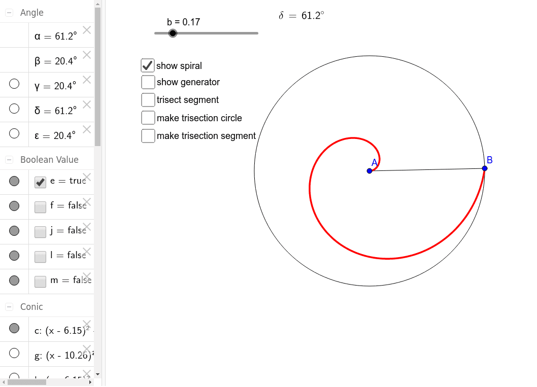 Trisecting an angle with the Spiral of Archimedes GeoGebra