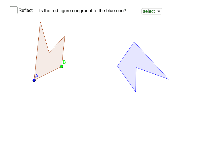 Move the red figure to the blue figure, then select whether or not they are congruent. Move the green point to rotate. Select reflect to bring up a line of reflection. Press Enter to start activity