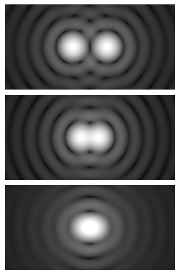 [url=https://en.wikipedia.org/wiki/Angular_resolution#/media/File:Airy_disk_spacing_near_Rayleigh_criterion.png]"Airy Disk"[/url] by Spencer Bliven is in the [url=http://creativecommons.org/publicdomain/zero/1.0/]Public Domain, CC0[/url]
Two light sources starting at 2x Rayleigh's criterion in the top photo, moving closer until in the middle photo they are at Rayleigh's criterion.  The bottom photo is taken with light sources at a separation of half Rayleigh's criterion.  Notice how they look like a single source in the bottom case, and nearly so at the minimum angle given by Rayleigh's criterion.