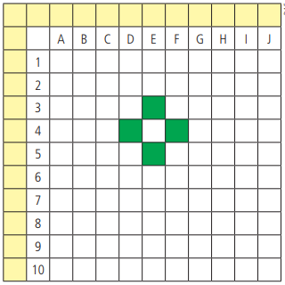 Questão 6: (Saresp) Imagine um jogo em que um participante deva adivinhar a localização de algumas peças desenhadas num tabuleiro que está nas mãos do outro jogador. Veja um desses tabuleiros com uma peça desenhada.