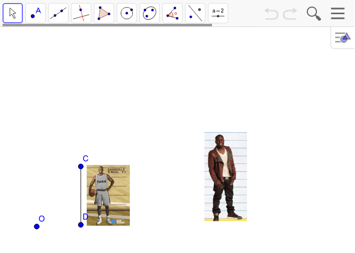 In the problem below, Kevin Hart is standing next to a poster of Shaquille O'neal. Use center O to create a scale drawing of segment CD with a scale factor of r = 2.5