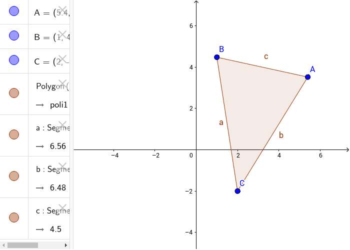 Muovi i vertici del triangolo e vedi come variano le distanze tra i punti e dunque il perimetro del triangolo.