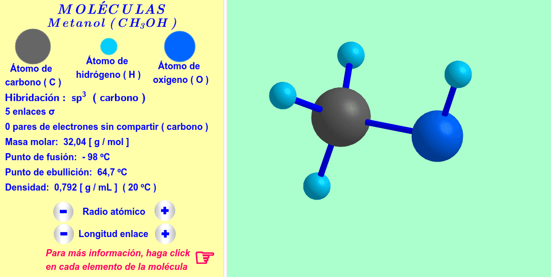Un ejemplo de alcohol: metanol ( haga click en cada elemento de la molécula ).