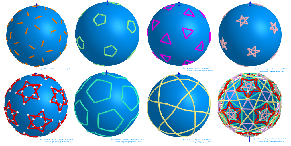 Projections of segments of Rhombicosidodecahedron  on a sphere: Segments 1-7