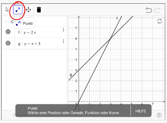 Wenn du zwei Geraden gezeichnet hast, kannst du das Werkzeug [b]Punkt[/b] auswählen und auf die Schnittstelle der beiden Graphen klicken. 