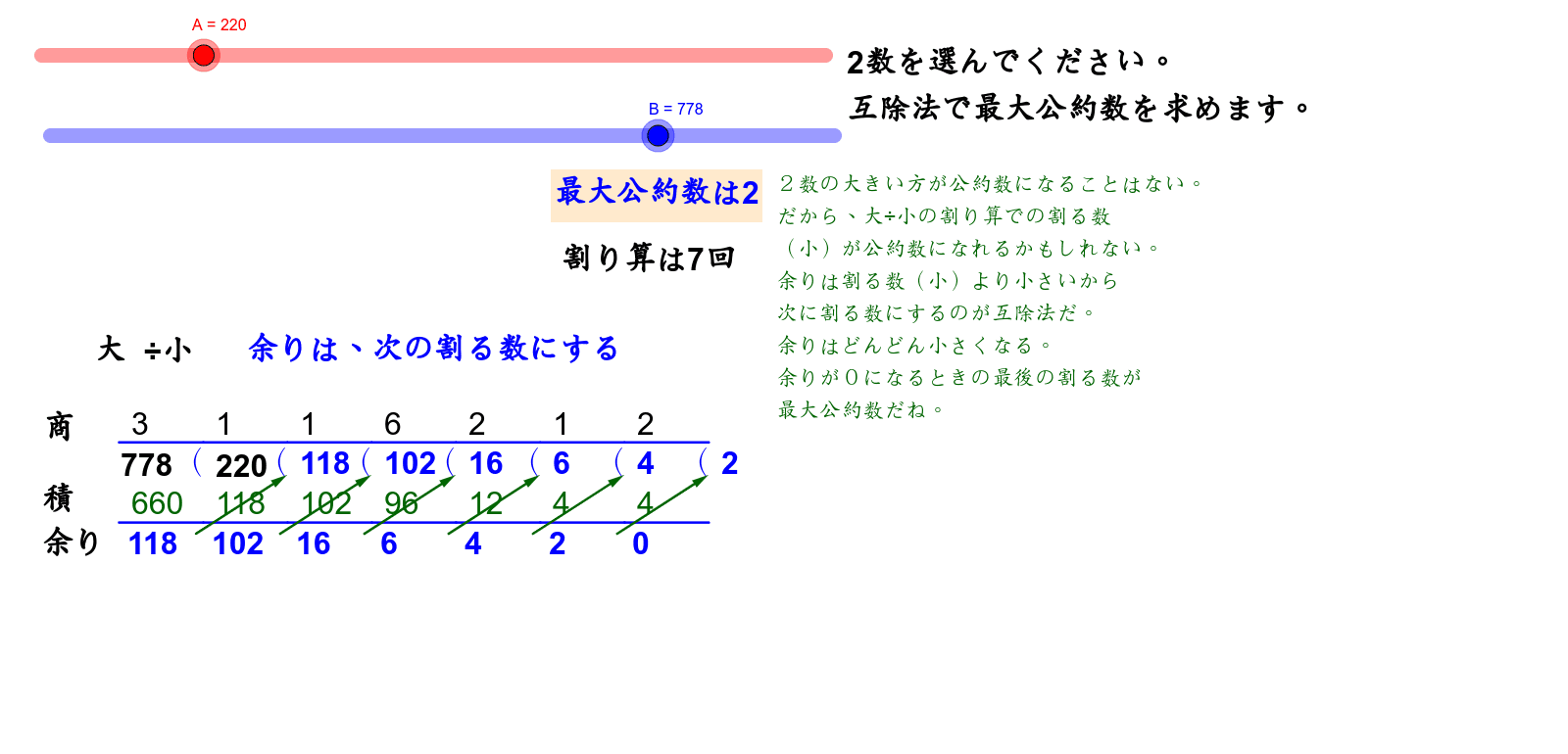 式と同順に筆算して最大公約数を求めよう Geogebra 式と同順に筆算して最大公約数を求めよう Geogebra