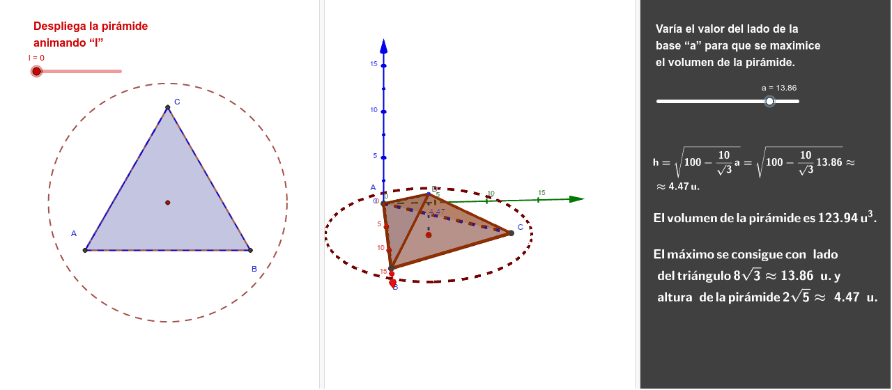 Pirámide regular de base un triángulo equilátero y caras laterales triángulos isósceles iguales. Abatiendo las caras laterales, se forma una estrella inscrita dentro de un círculo de radio 10 cm. Determina las dimensiones que maximizan el volumen.