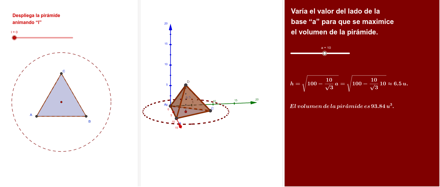 Pirámide regular de base un triángulo equilátero y caras laterales triángulos isósceles iguales. Abatiendo las caras laterales, se forma una estrella inscrita dentro de un círculo de radio 10 cm. Determina las dimensiones que maximizan el volumen.