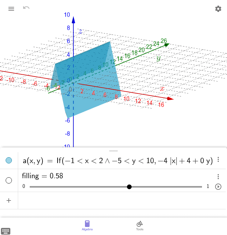 Note the absolute value surface drawn below.  Change the coefficients of the function "a" below and change the domain restrictions to create an accurate 3D Model of the Toblerone shown above.  (Note: Ignore the "0y" term).  Press Enter to start activity