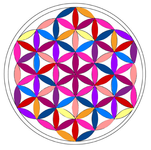 Mandala, která je vybarvená tak, že je středově souměrná.