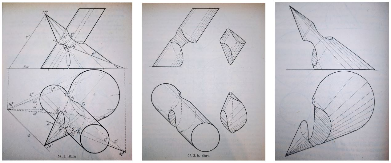 [i]Some other examples in case of [b]solid cylinder and cone [/b]by József Maklár in Ábrázoló Geometry, Képzőművészeti Kiadó, 1980. 

Note: the auxiliary plane in this case is parallel to the generators of he cylinder and passes through the apex, the same way like we saw before in case of a horizontal cylinder.[/i]