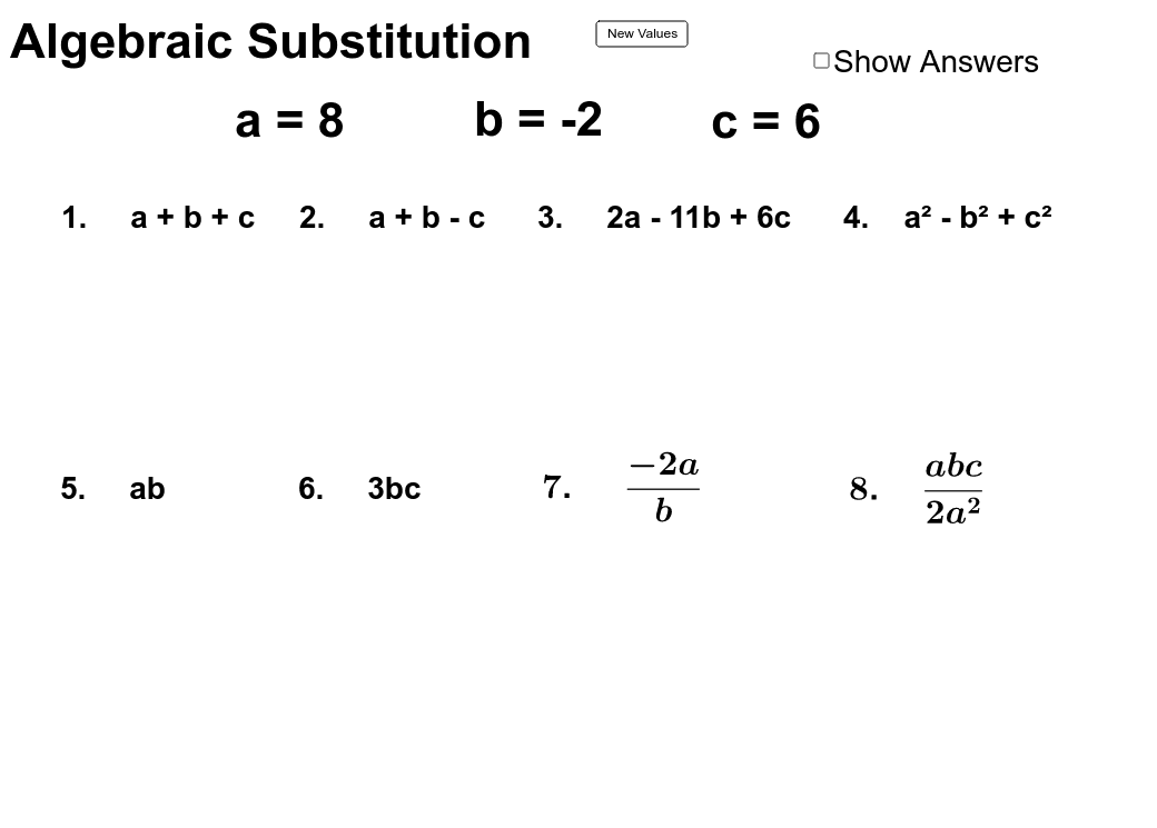 Practice on algebraic substitution with answers – GeoGebra