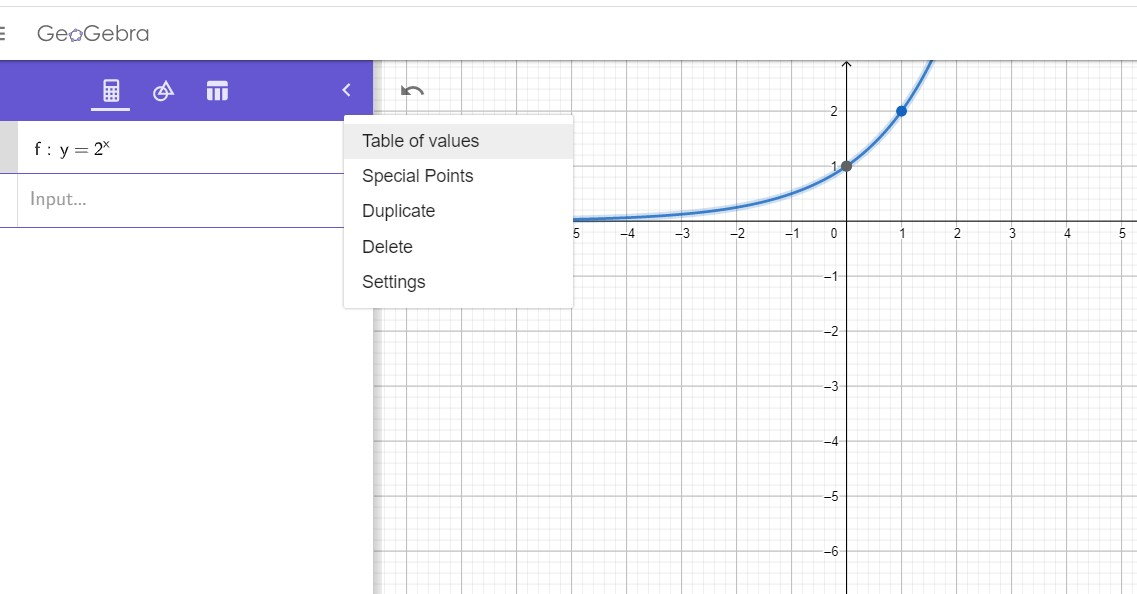 Notice that you can enter the equation. Use ^ to enter the exponent (x). You can press the snowman (three dots) and look at the table of values similar to what we did in class when we pressed 2nd and y=.