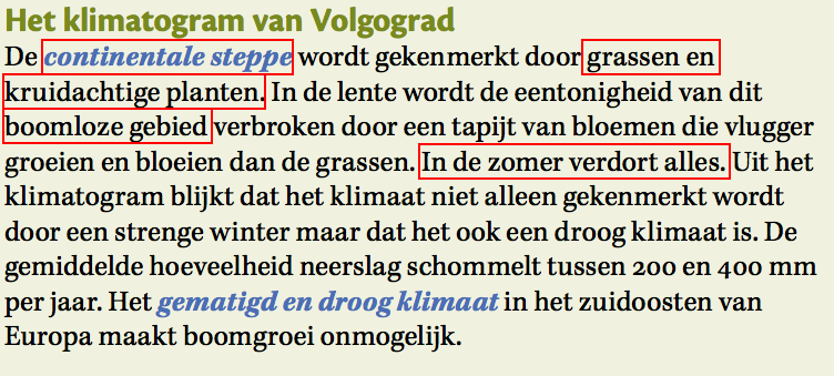 5. We lezen de uitleg over het klimaat van Volgograd in de groene kader en bekijken de foto van de vegetatie.  Wat in het rood omkaderd is, moet je kennen! 