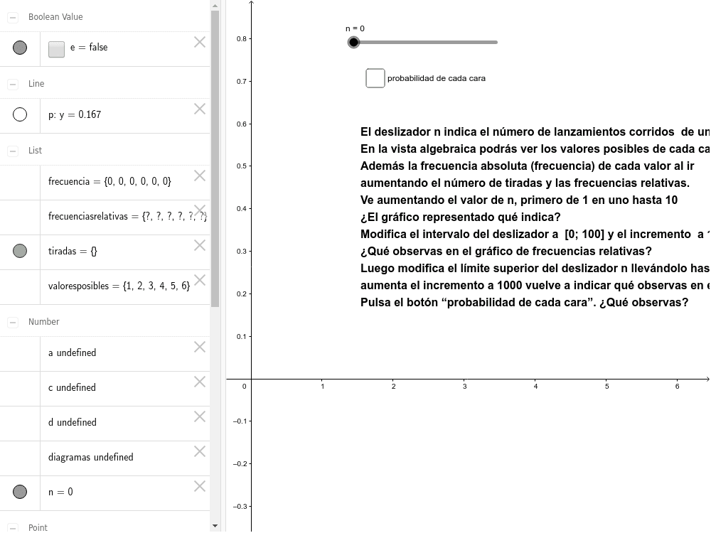 A) Considera el archivo realizado en GeoGebra “Simulación de tiradas de un dado” y realiza lo allí pedido.