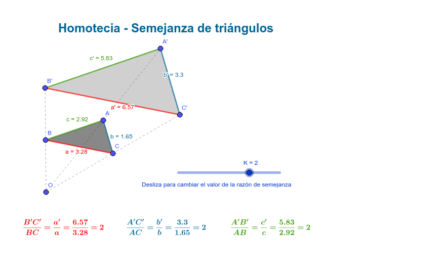Ayúdate de este applet para, modificando el triángulo ABC (en gris oscuro) o la razón de semejanza (k, con el deslizador), ver cómo varía el triángulo A'B'C' y, sin embargo, la proporción entre los lados homólogos de ambos triángulos se mantiene.