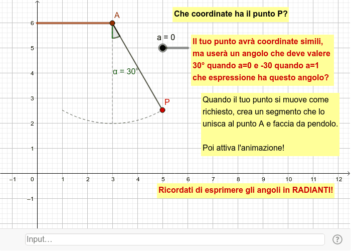 CREA UN PUNTO NELLA POSIZIONE DI P, MA CHE AL VARIARE DEL PARAMETRO a OSCILLI CON ANGOLO MASSIMO DI 30°, COME IN FIGURA, IN ENTRAMBE LE DIREZIONI.