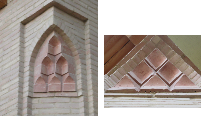 Voor- en zijaanzicht van een architectonisch detail dat via muqarnas een afschuining creëert van een gevel.